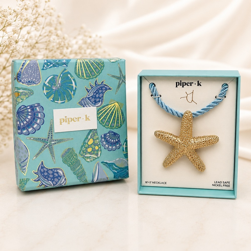 *New* Piper K Gold Starfish Pendant with Light Blue Cord